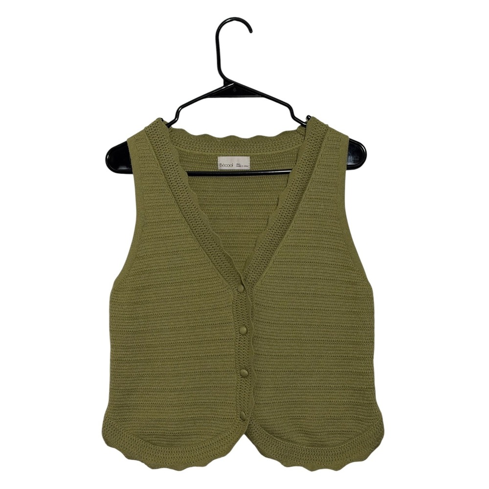 Becool Cottagecore Scalloped Knit‎ Button Front Vest Cardigan Olive Green Size L